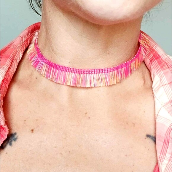 Pink Fringe Adjustable Choker Necklace, Cute Boho Chic - Picture 4 of 4